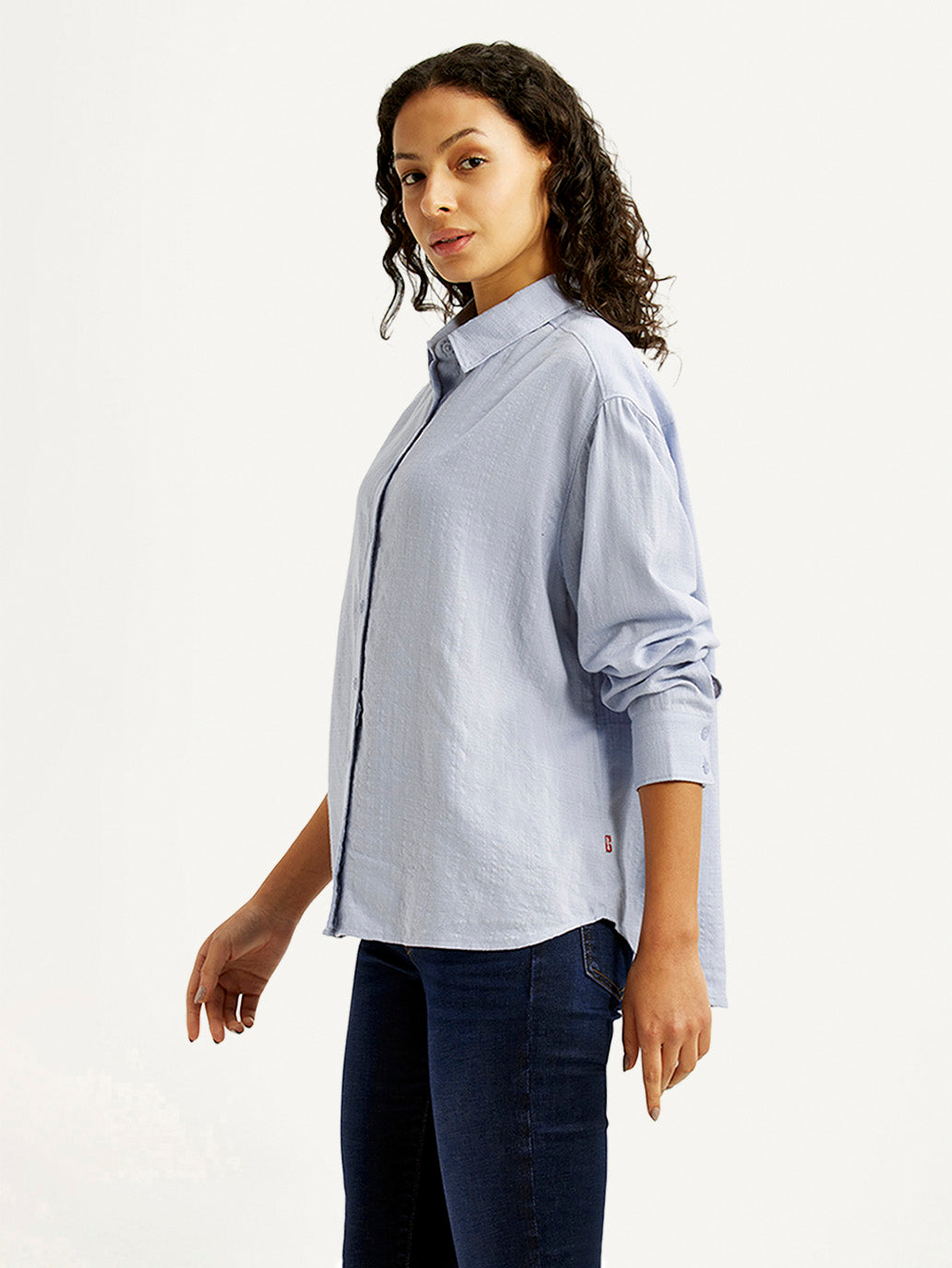 Women's Textured Light Blue Relaxed Fit Shirt - Side View