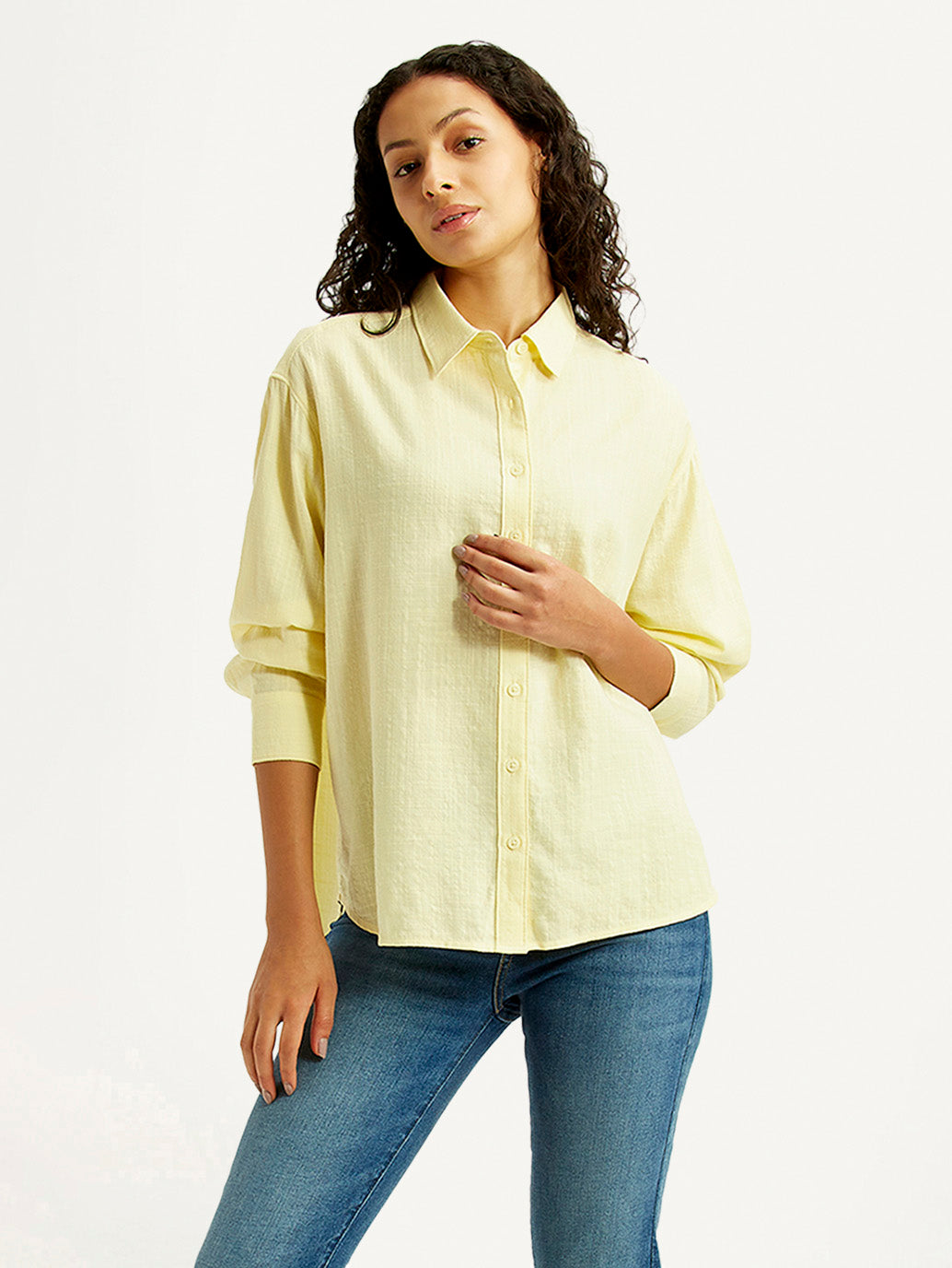 Women's Textured Yellow Relaxed Fit Shirt - Styleshot View