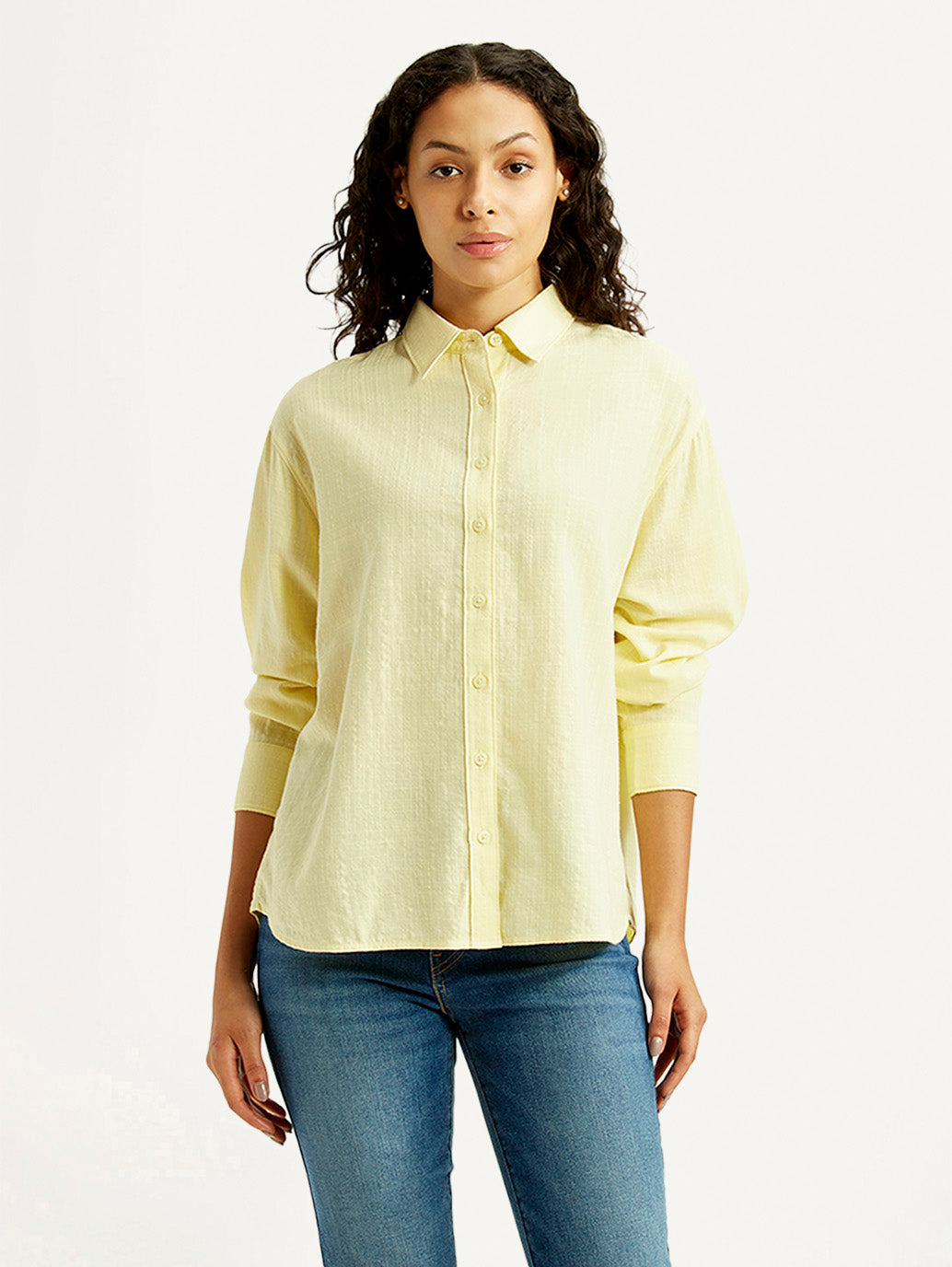 Women's Textured Yellow Relaxed Fit Shirt - Front View