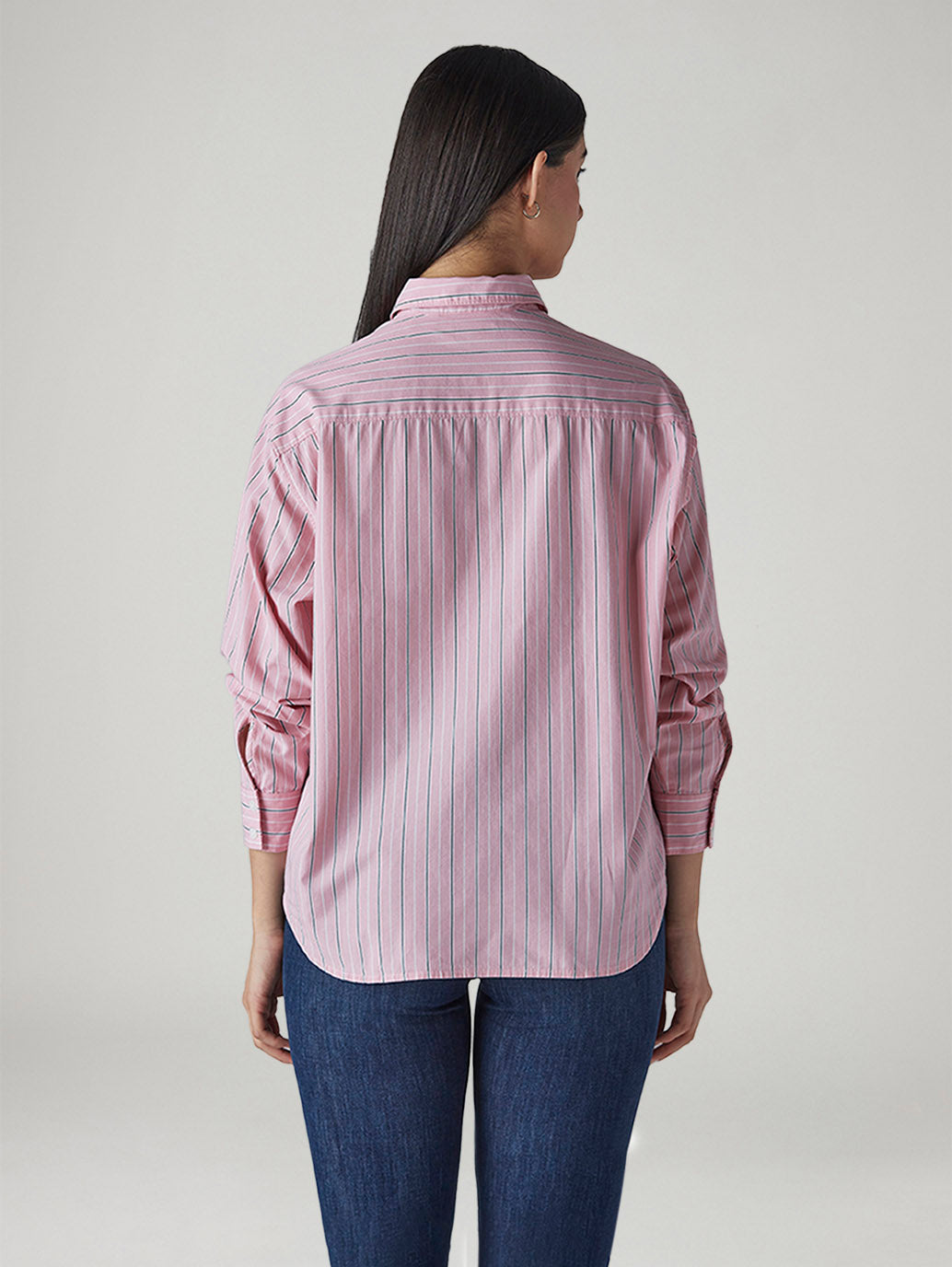 Women's Pink Striped Relaxed Fit Poplin Shirt - Back View