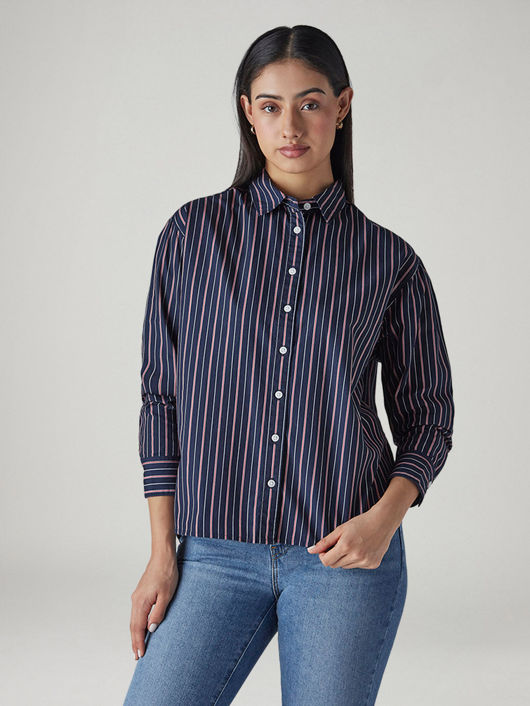 Women's Navy Striped Relaxed Fit Poplin Shirt - Front View