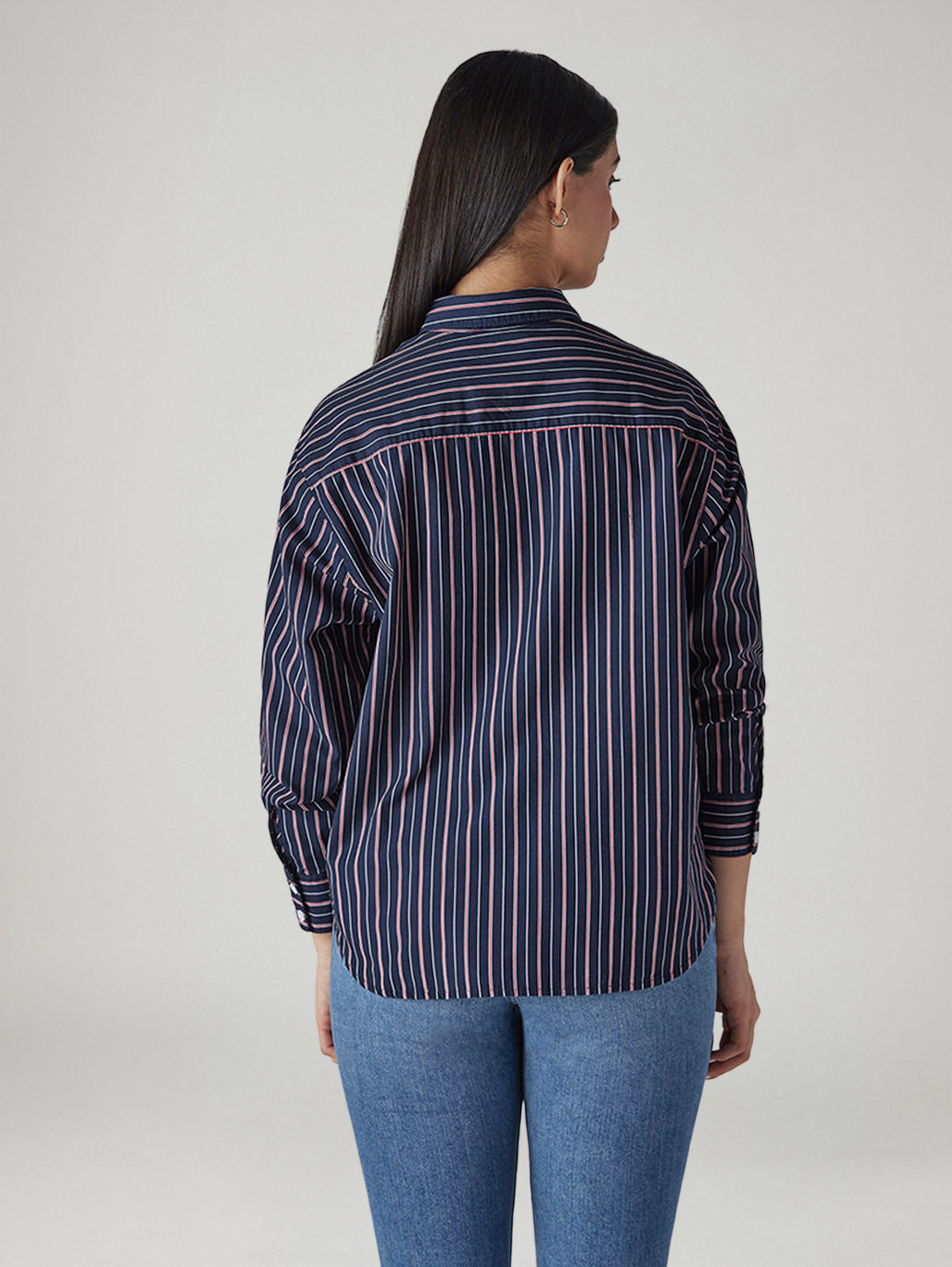 Women's Navy Striped Relaxed Fit Poplin Shirt - Back View