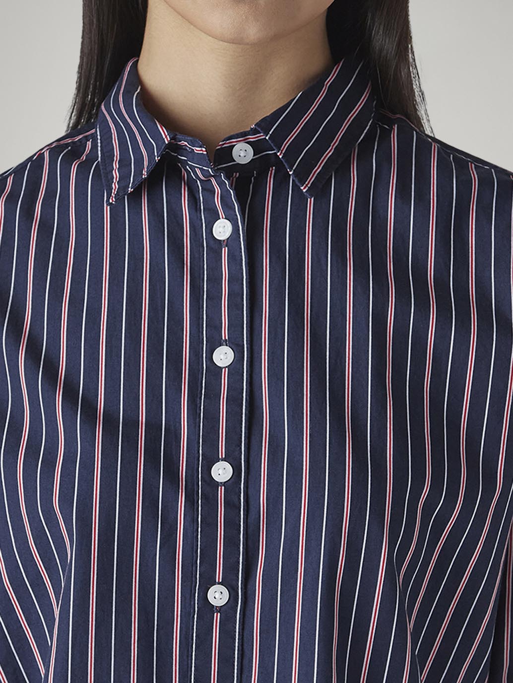 Women's Navy Striped Relaxed Fit Poplin Shirt - Detail View