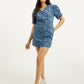 Women's Floral Blue V Neck Denim Dress - Elevated View