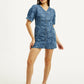 Women's Floral Blue V Neck Denim Dress - Front View