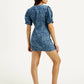 Women's Floral Blue V Neck Denim Dress - Back View