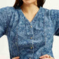 Women's Floral Blue V Neck Denim Dress - Detail View