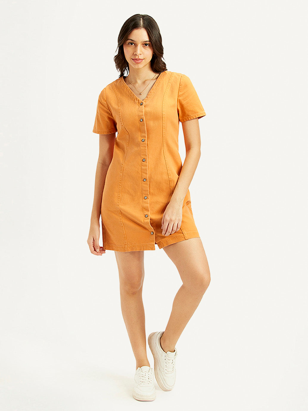 Women's Solid Orange V-Neck Dress - Styleshot View