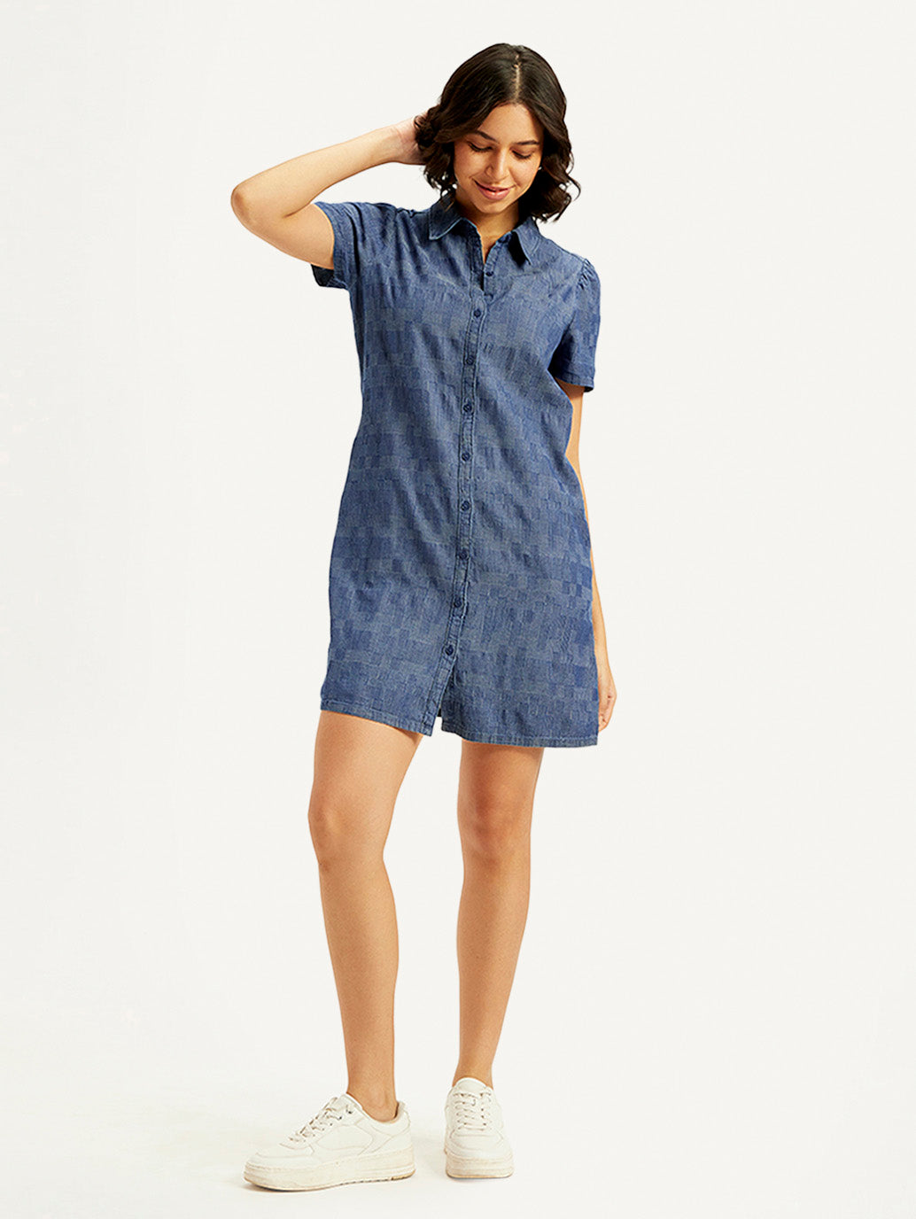 Women's Printed Blue Shirt Collar Dress - Styleshot View