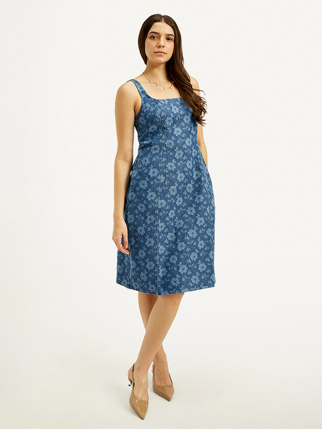 Women's Floral Blue Square Neck Denim Dress
