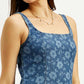 Women's Floral Blue Square Neck Denim Dress - Detail View
