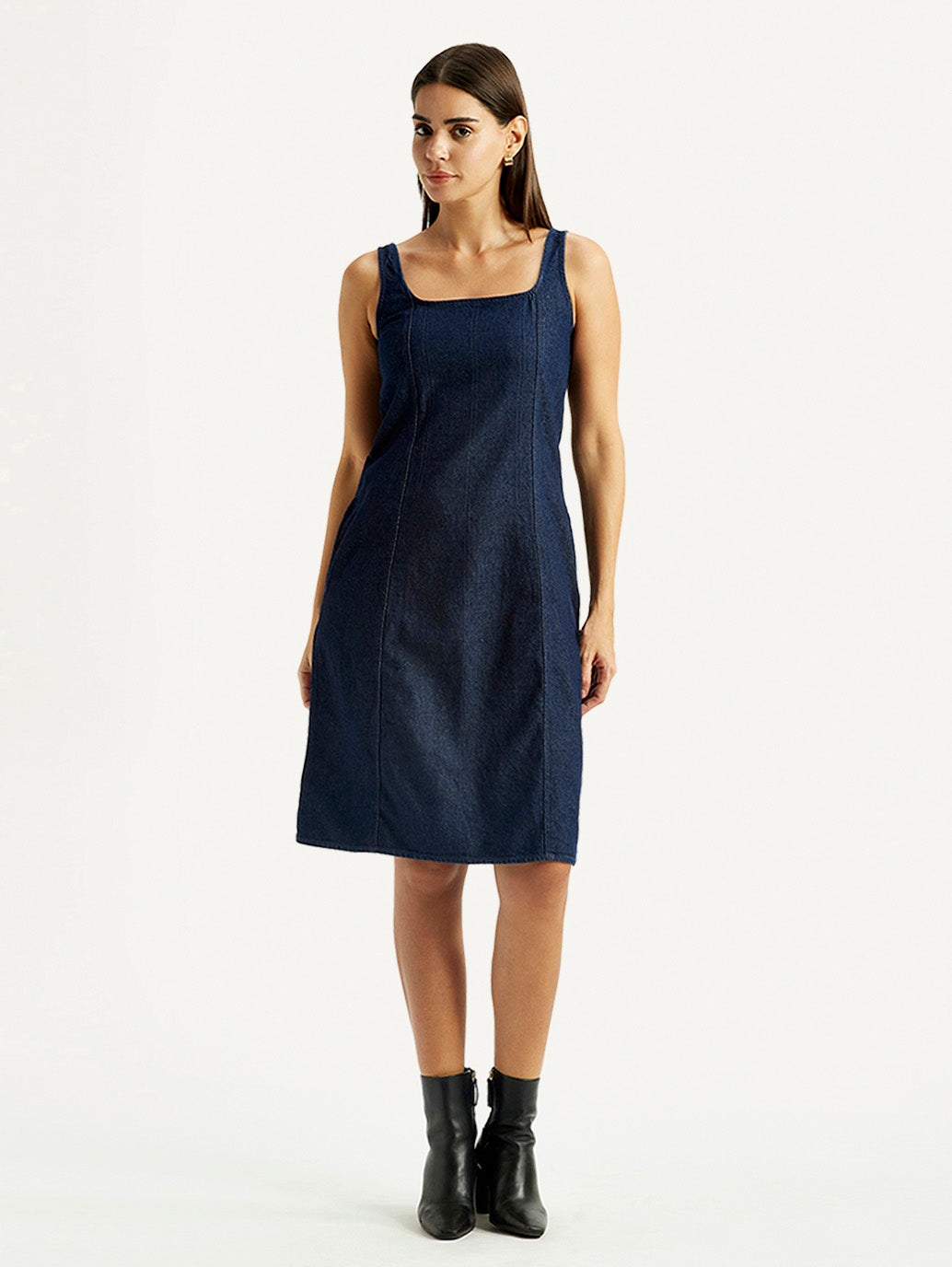 Women's Solid Dark Blue Square Neck Denim Dress - Styleshot View