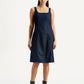 Women's Solid Dark Blue Square Neck Denim Dress - Front View