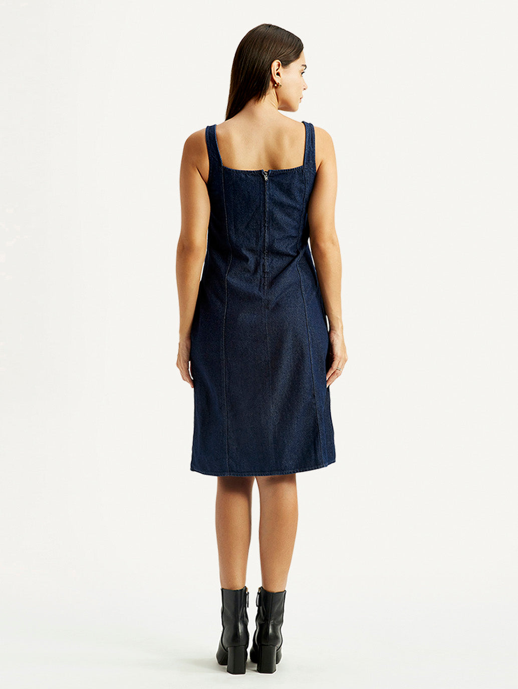 Women's Solid Dark Blue Square Neck Denim Dress - Back View