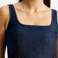 Women's Solid Dark Blue Square Neck Denim Dress - Detail View