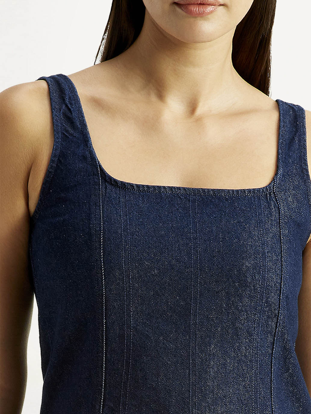 Women's Solid Dark Blue Square Neck Denim Dress - Detail View