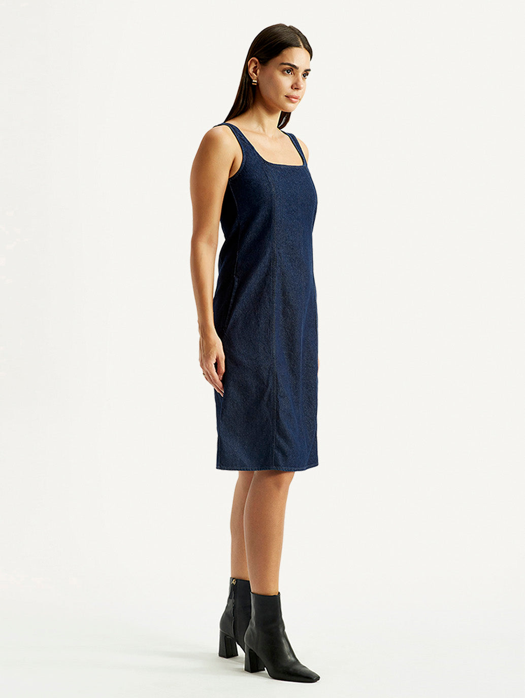 Women's Solid Dark Blue Square Neck Denim Dress - Side View