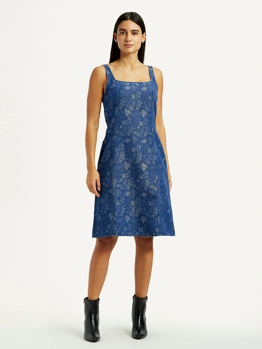 Women's Floral Blue Square Neck Dress