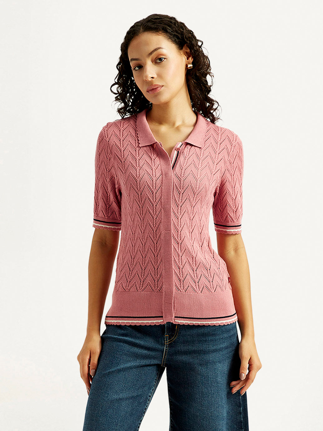 Women's Textured Slim Fit Polo T-shirt - Front View