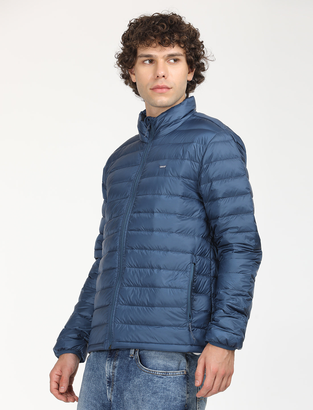 Men's Solid Blue Quilted Jacket - RightSide View