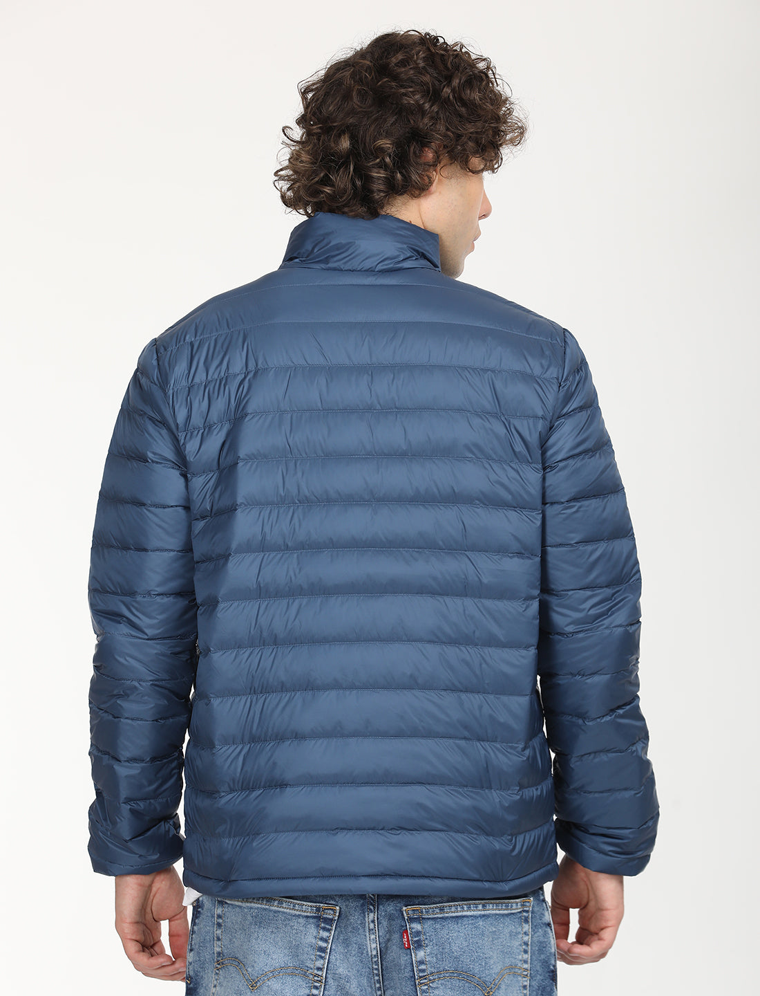 Men's Solid Blue Quilted Jacket - Back View
