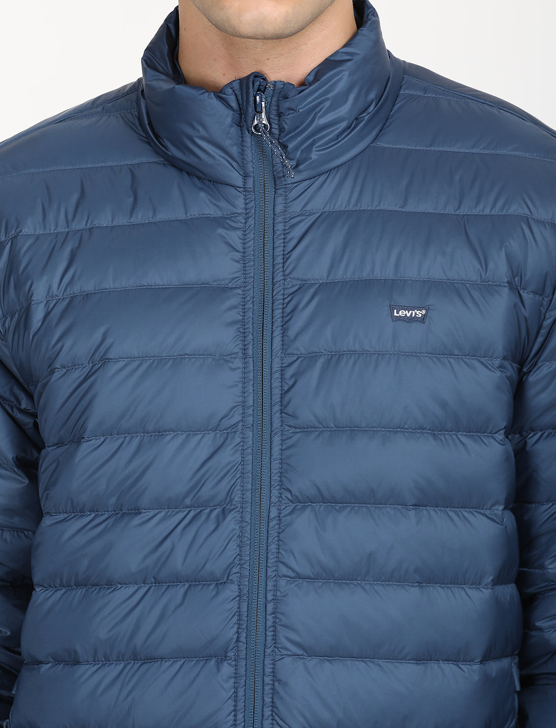 Men's Solid Blue Quilted Jacket - Detail View