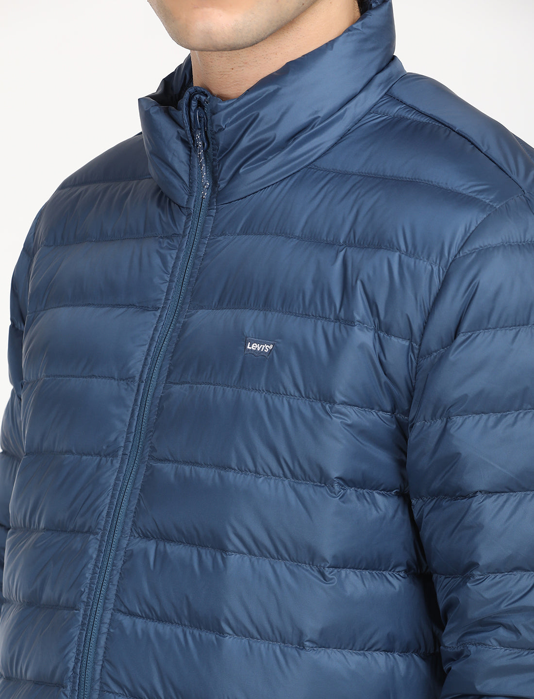 Men's Solid Blue Quilted Jacket - Detail View
