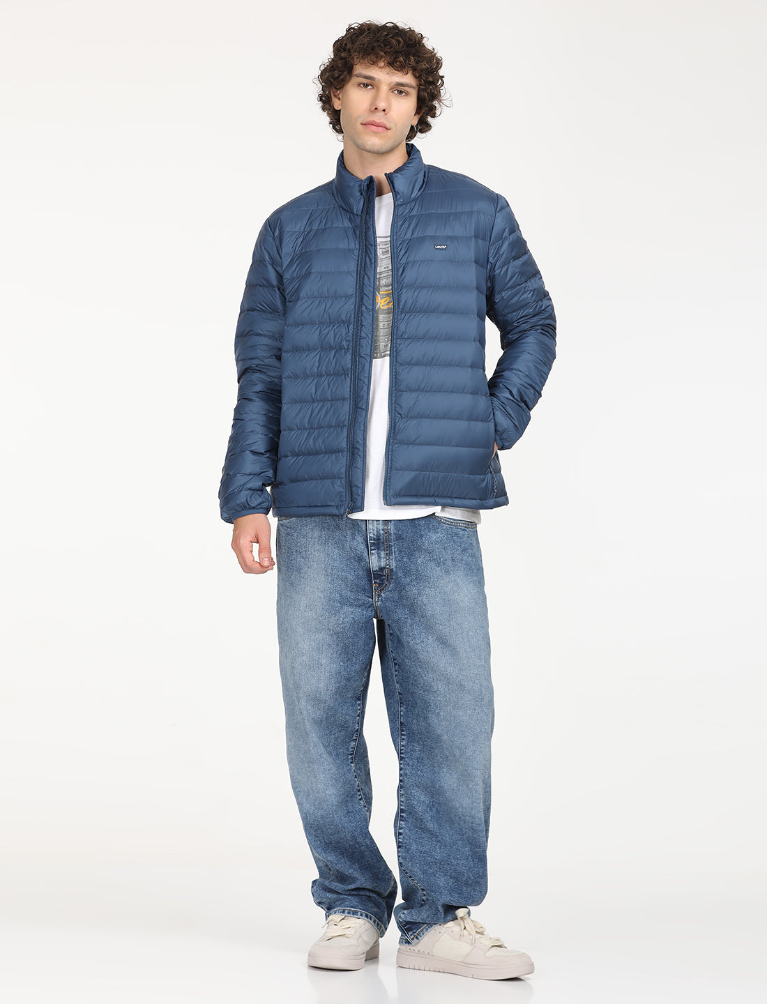 Men's Solid Blue Quilted Jacket - 7 View