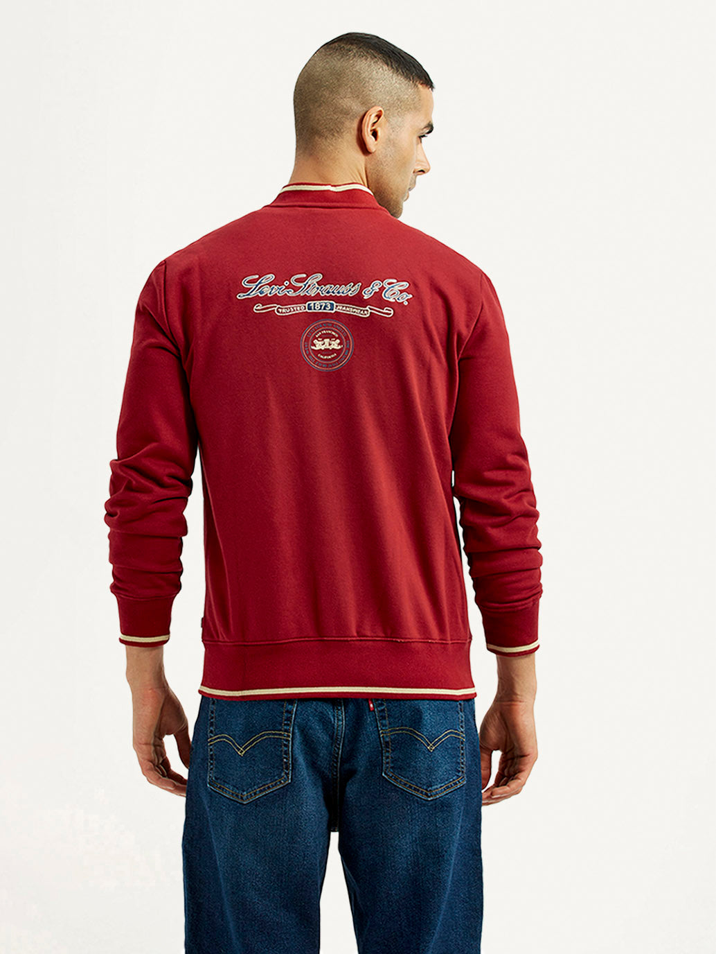 Men's Brand Logo Red Collar Neck Sweatshirt - Back View