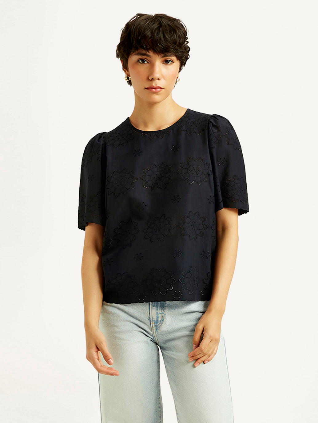 Women's Floral Black Round Neck Top - Front View