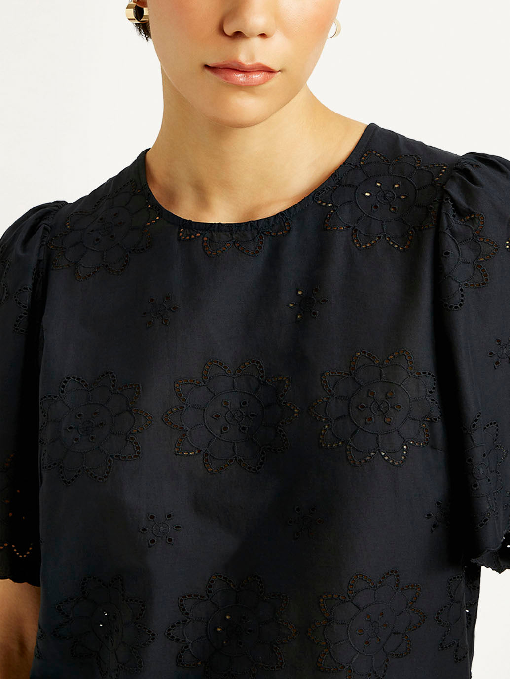 Women's Floral Black Round Neck Top - Detail View