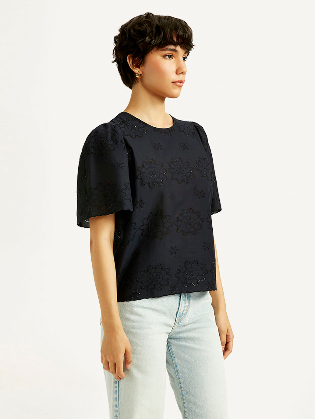 Women's Floral Black Round Neck Top - Side View