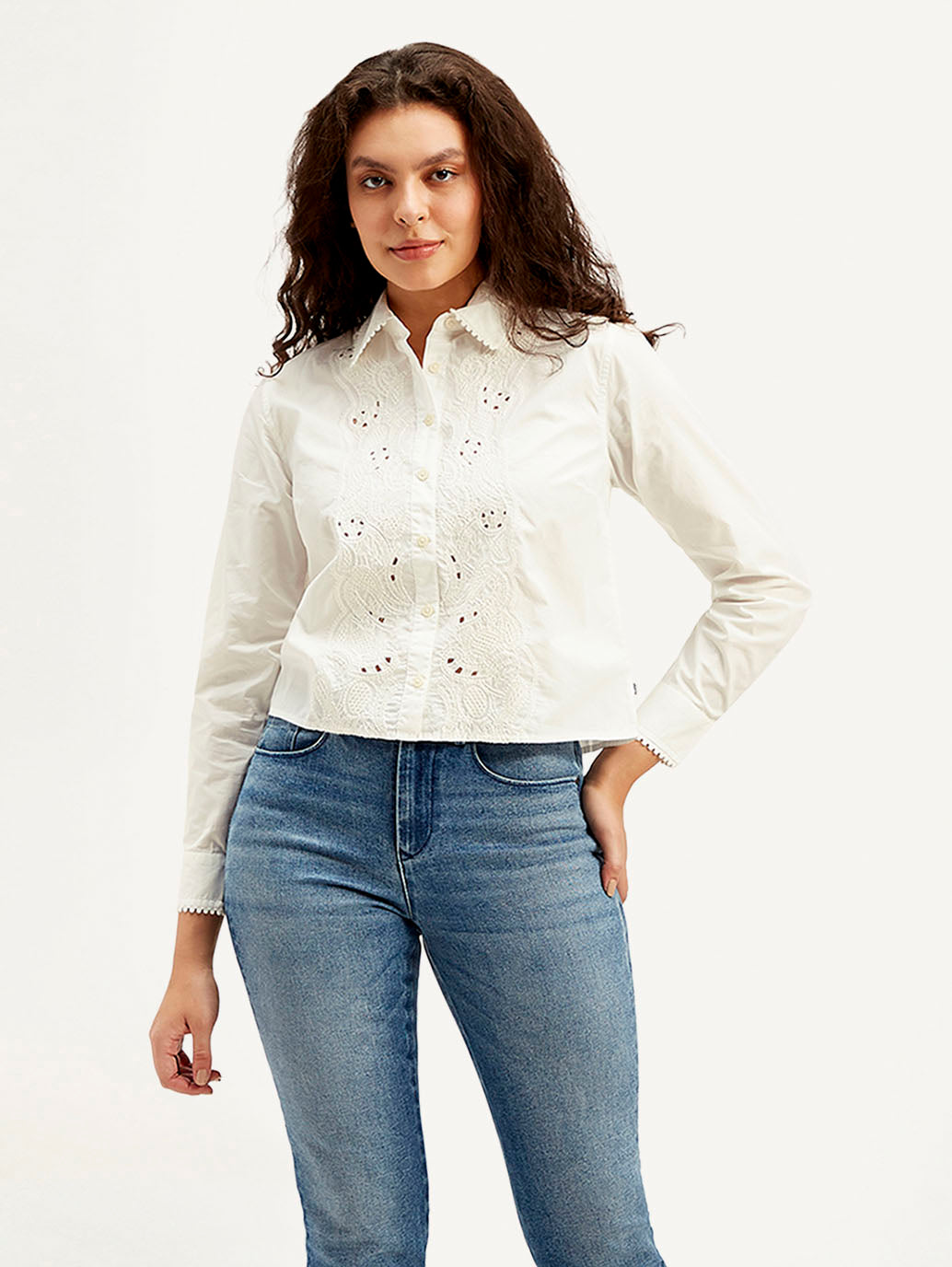 Women's Self Design Spread Collar Regular Fit Shirt - Front View
