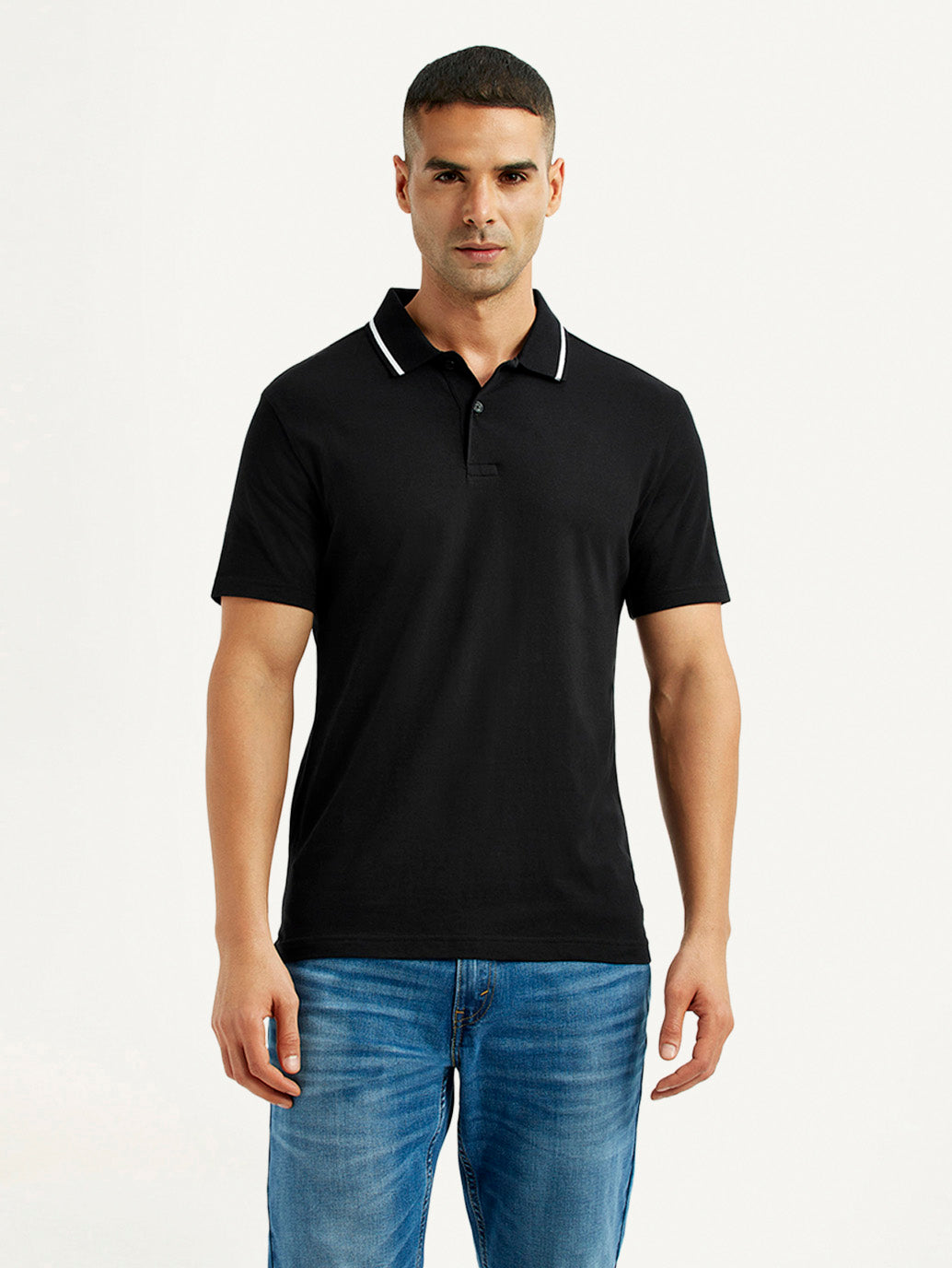 Men's Solid Black Polo T-Shirt - Front View