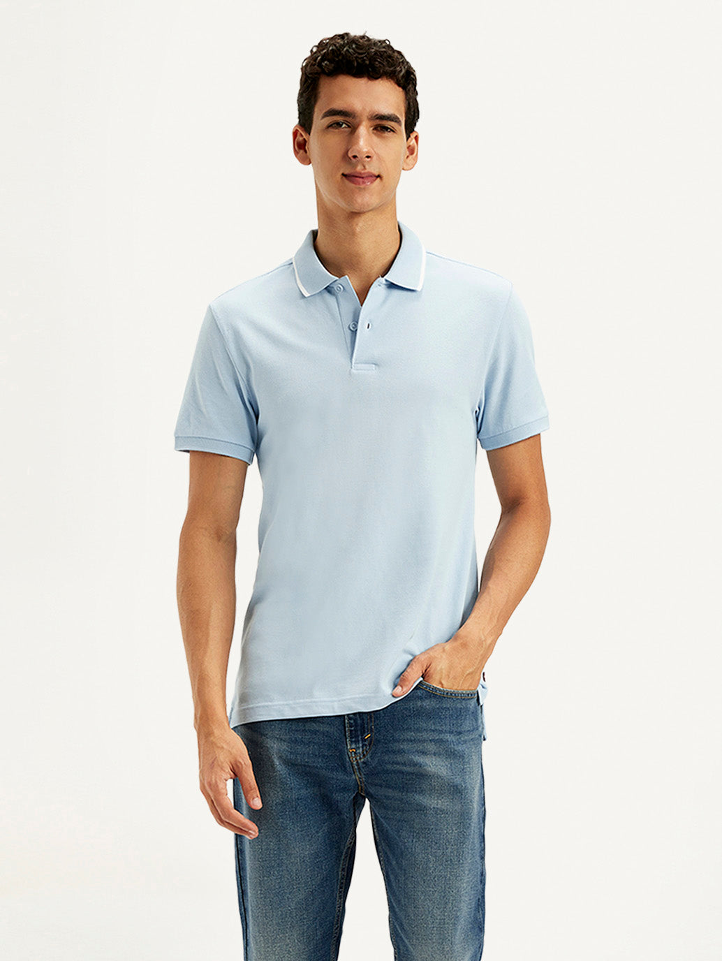 Men's Solid Light Blue Slim Fit Polo T-Shirt - Front View