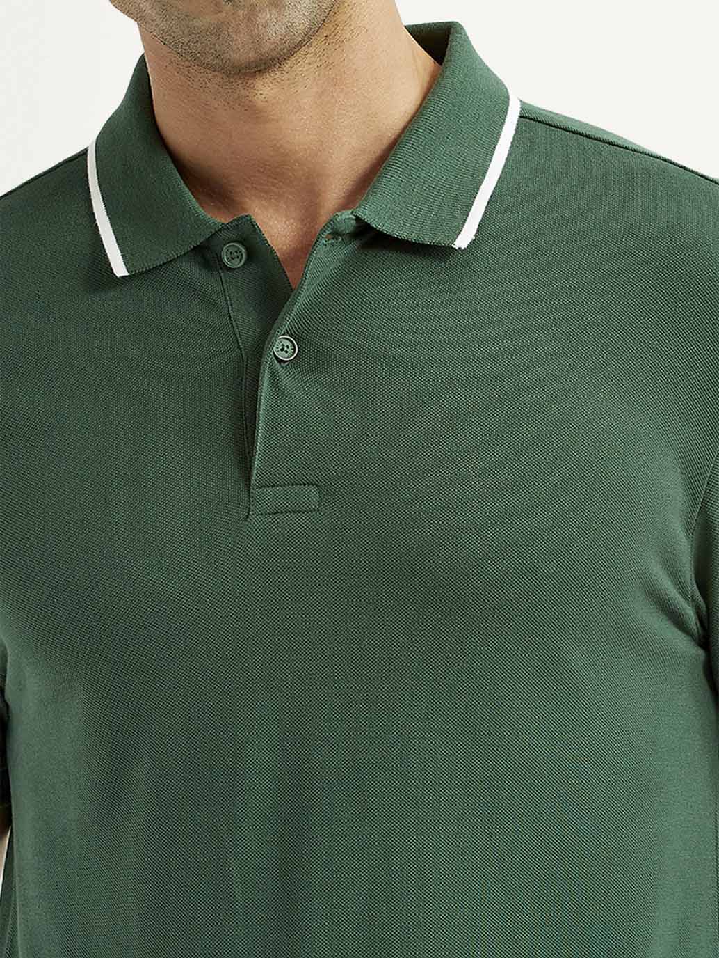 Men's Solid Dark Green Polo T-Shirt - Detail View