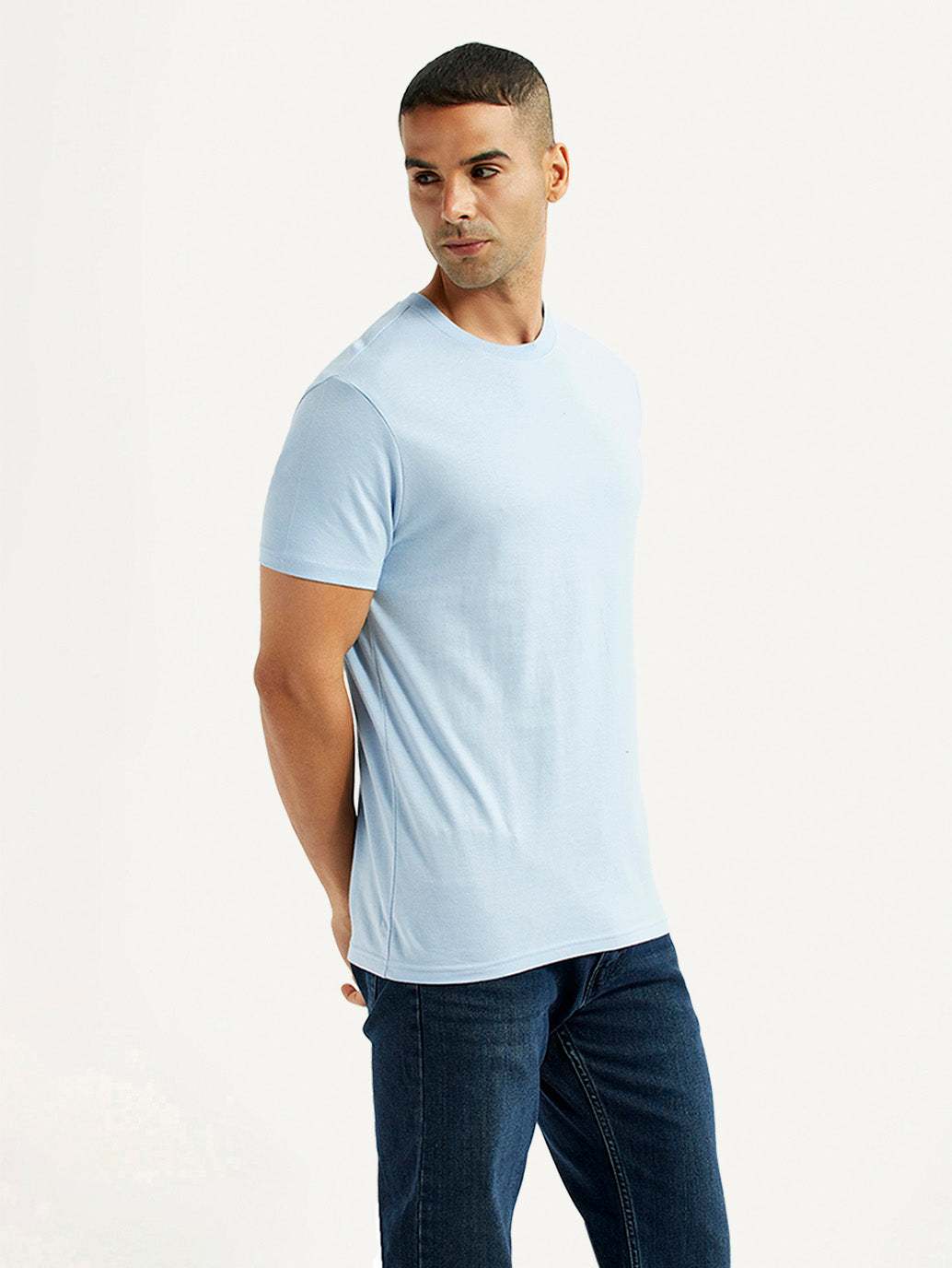 Men's Solid Light Blue Crew Neck T-Shirt - Side View