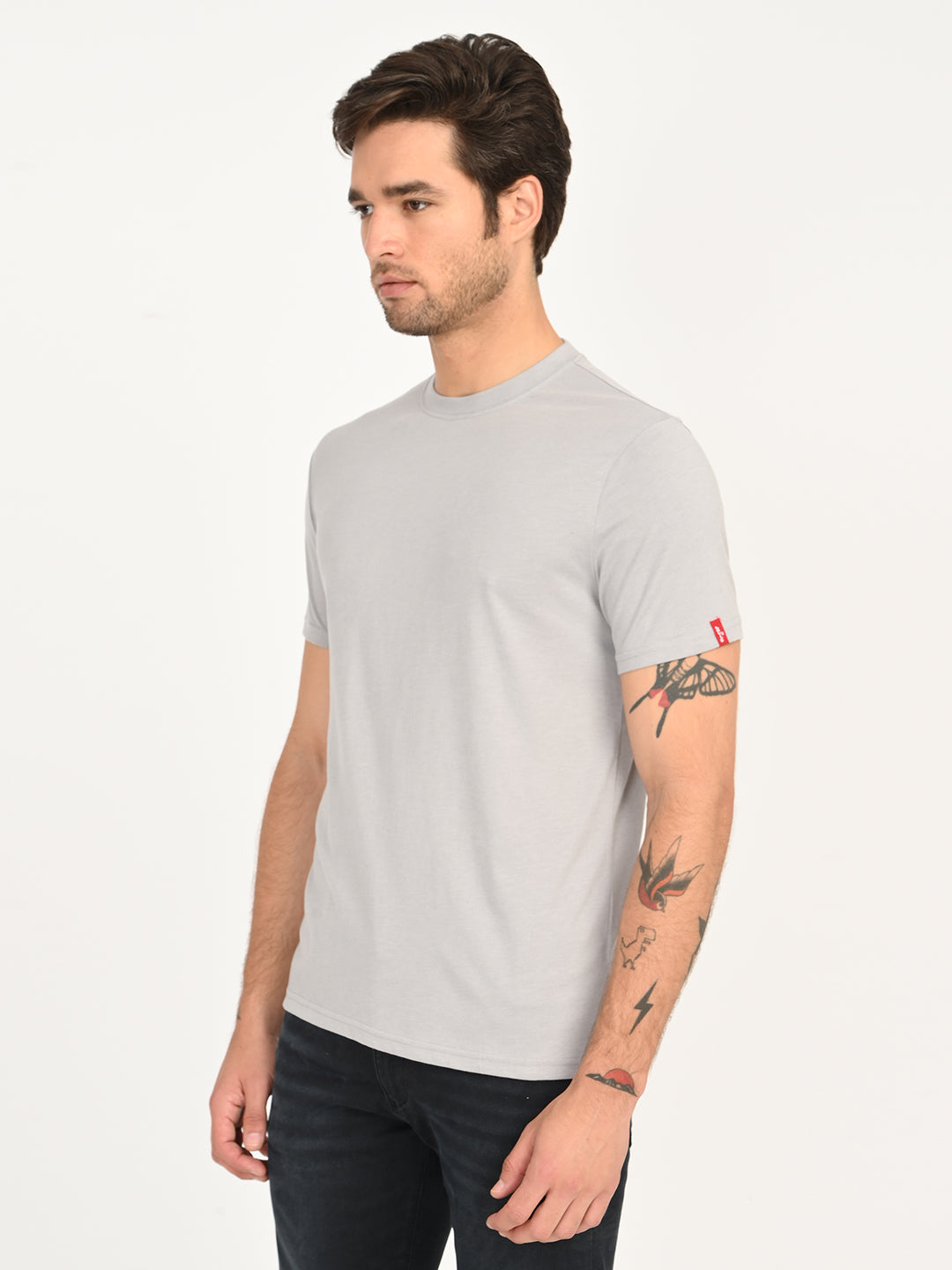 Men's Solid Light Grey Crew Neck T-shirt - side View