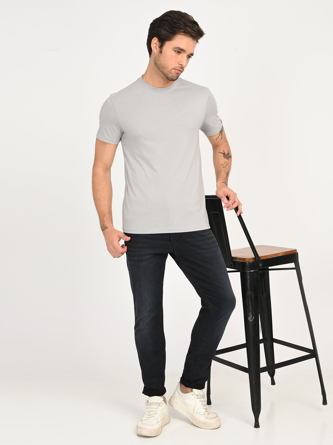 Men's Solid Light Grey Crew Neck T-shirt - 6 View