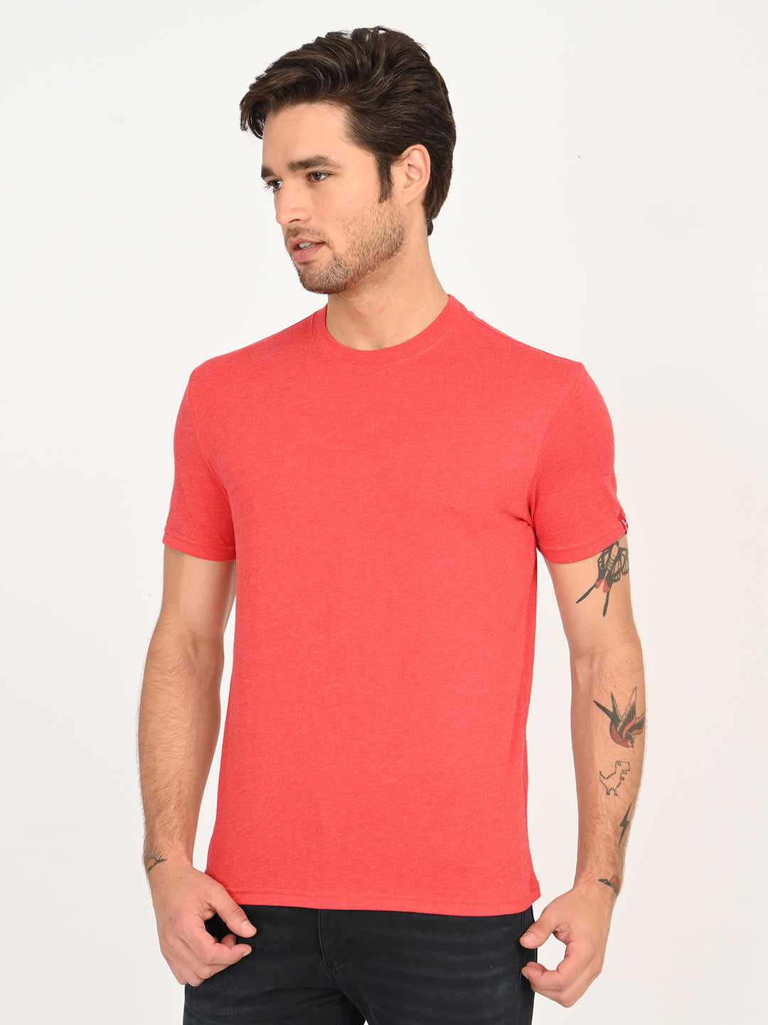 Men's Solid Coral Crew Neck T-Shirt - side View