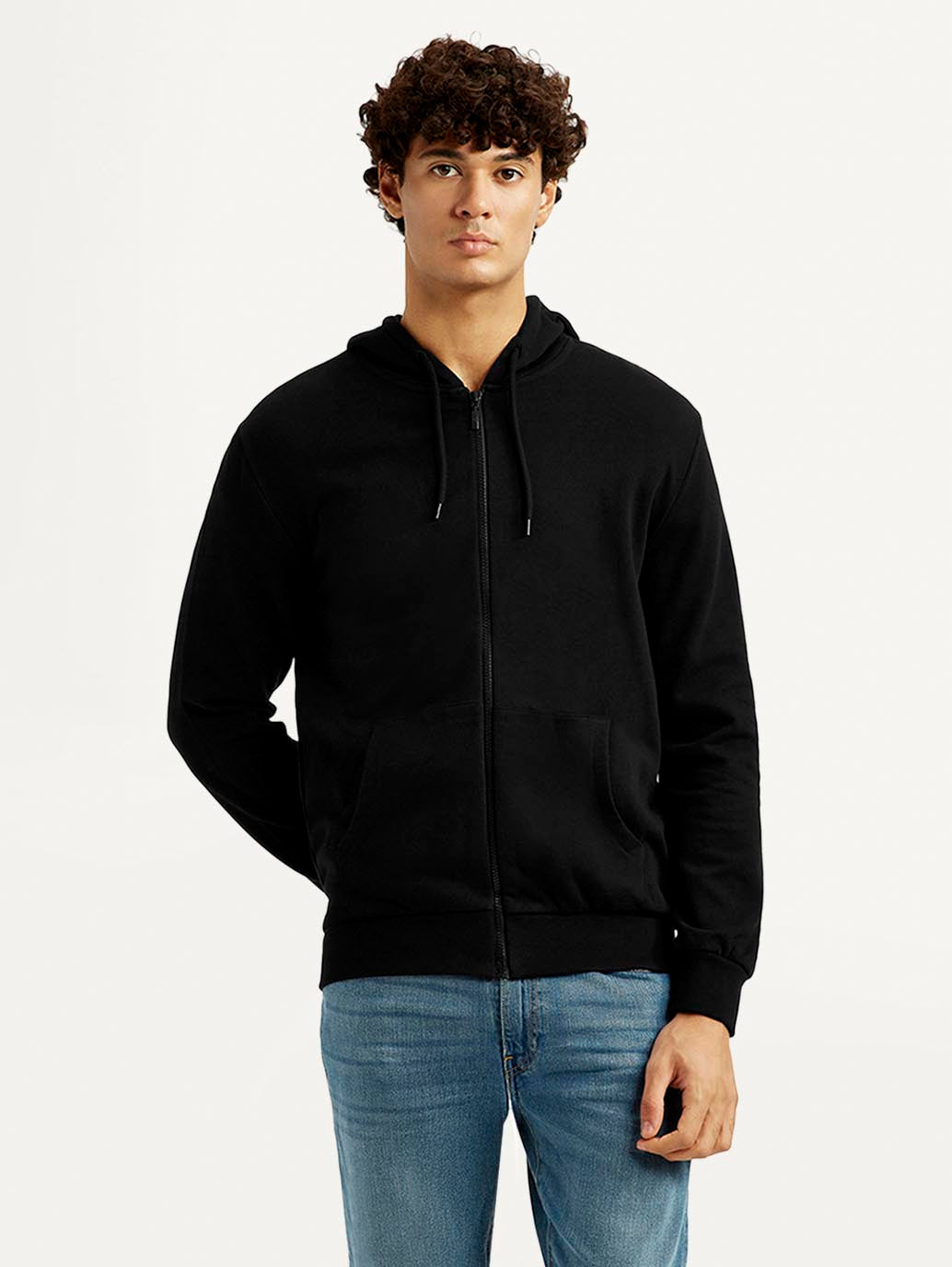 Men's Solid Black Hooded Sweatshirt - Front View