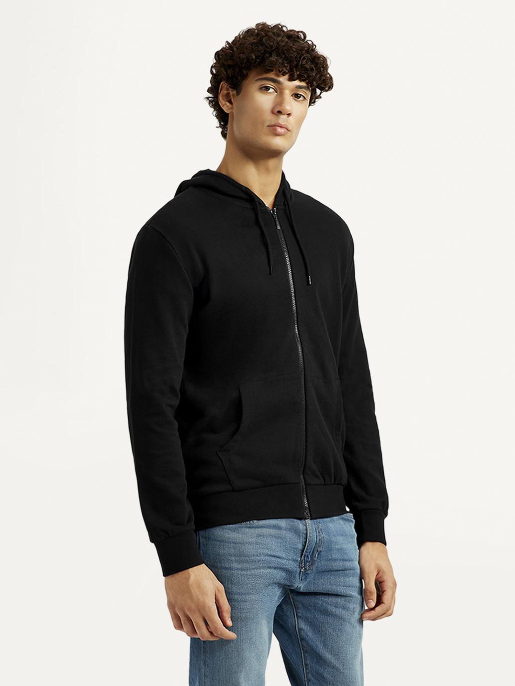 Men's Solid Black Hooded Sweatshirt - Side View