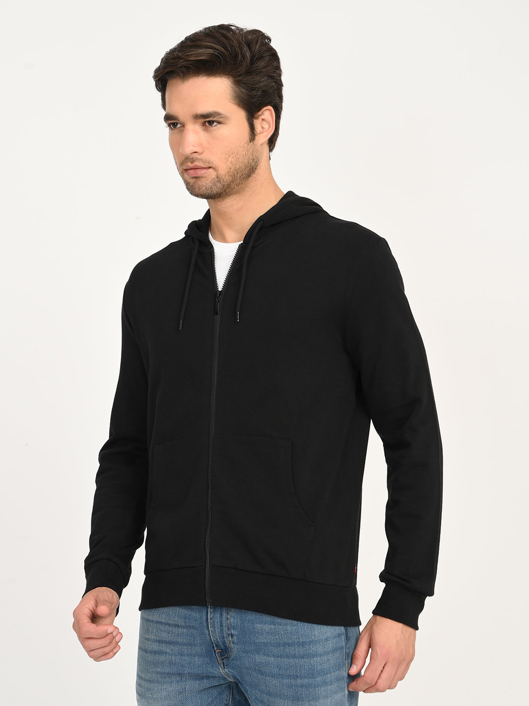 Men's Solid Black Hooded Sweatshirt - side View