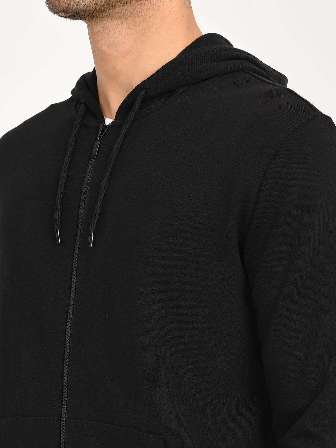 Men's Solid Black Hooded Sweatshirt - deatil View