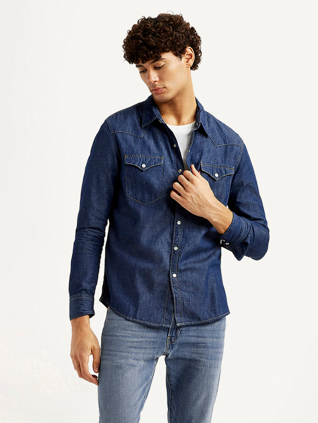 Men's Solid Blue Slim Fit Denim Shirt