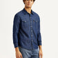 Men's Solid Blue Slim Fit Denim Shirt - Side View