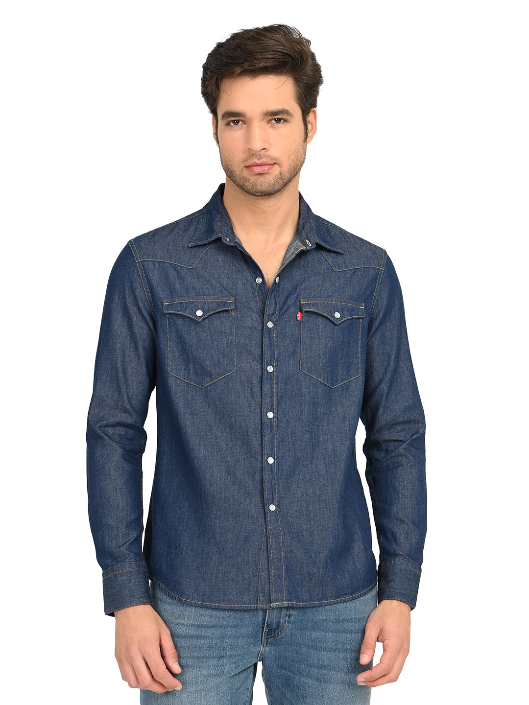 Men's Solid Blue Slim Fit Denim Shirt - frount View