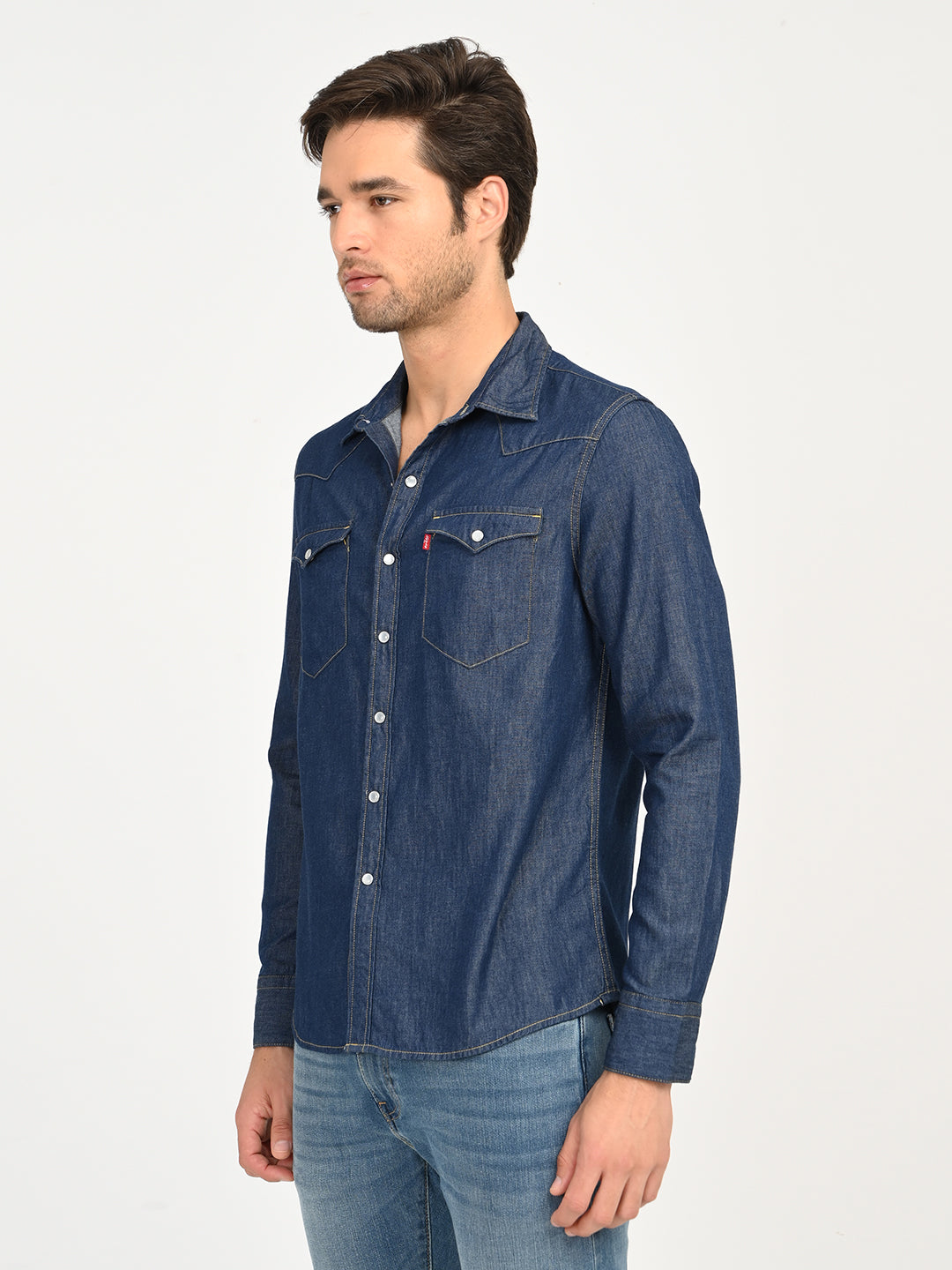 Men's Solid Blue Slim Fit Denim Shirt - side View