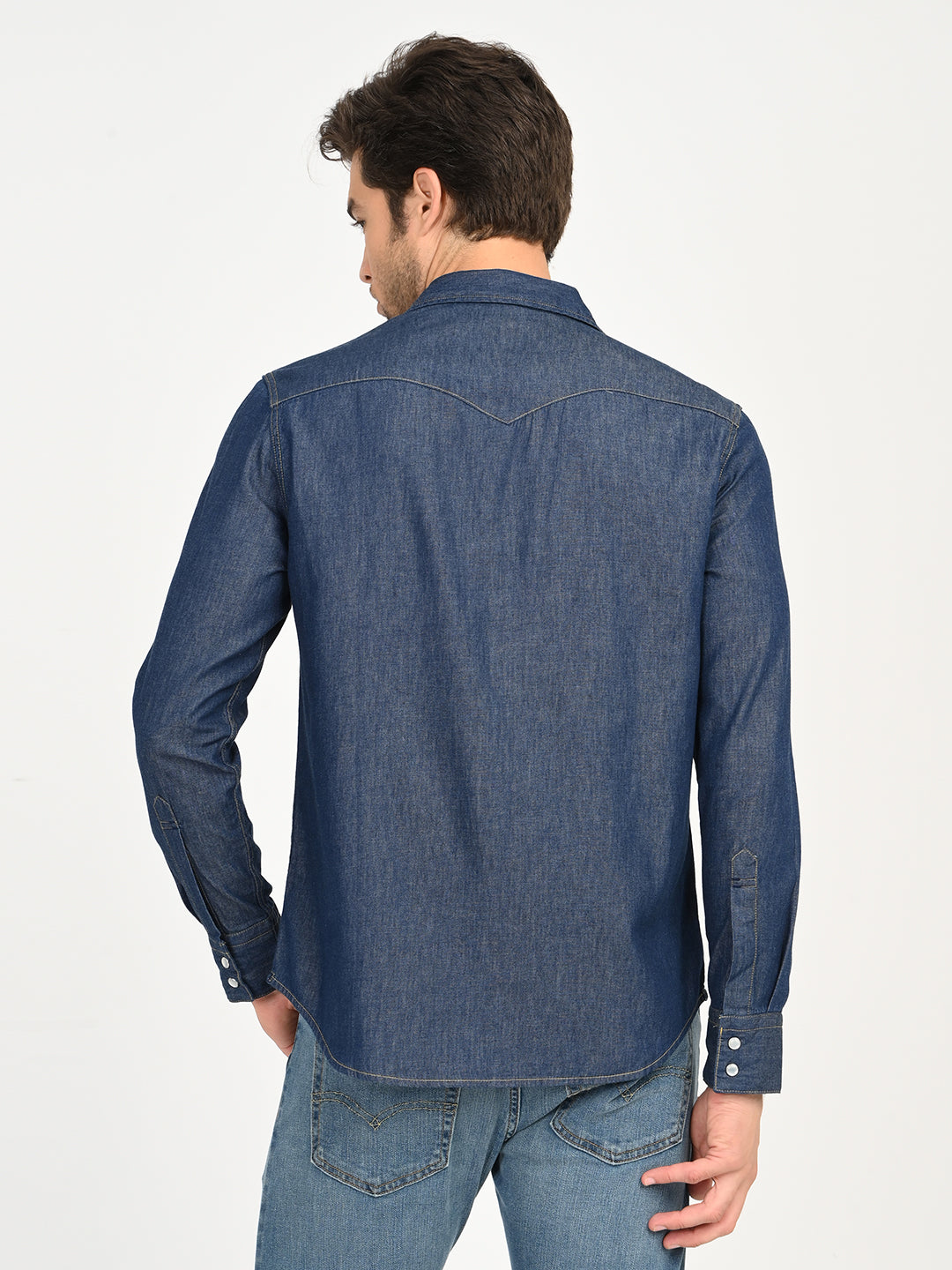 Men's Solid Blue Slim Fit Denim Shirt - back View