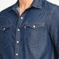 Men's Solid Blue Slim Fit Denim Shirt - deatil View